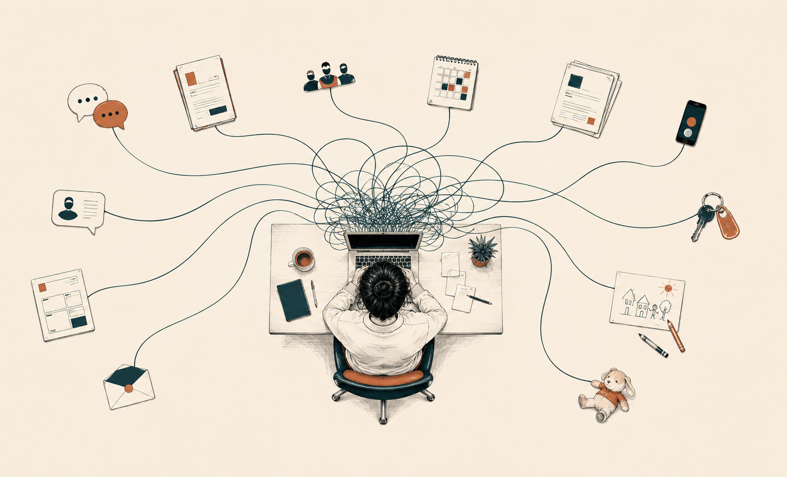 Ilustração vista de cima de várias decisões profissionais e familiares a convergirem para uma única pessoa.